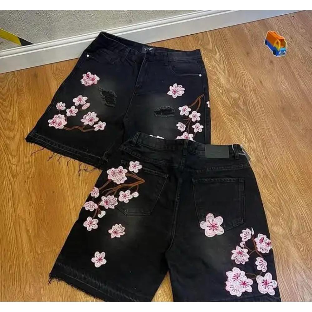 ZYLLO Gothic Mens Womens Cherry Blossom Embroidery Denim Shorts Y2K Jeans Harajuku Hip Hop Retro Baggy Shorts Fashion Casual Pants