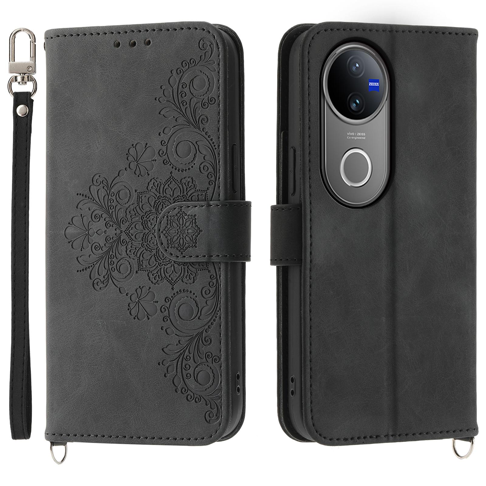 

Чохол для vivo V50 5G з квітковим візерунком, гаманець з ПУ шкіри, чохол для телефону зі шнурком Black