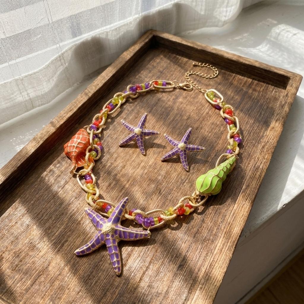 Exaggerated Enamel Starfish Conch Pendant Necklace Earrings Set For Women Men Boho Ocean Beach Sea Star Summer Party Jewelry Set