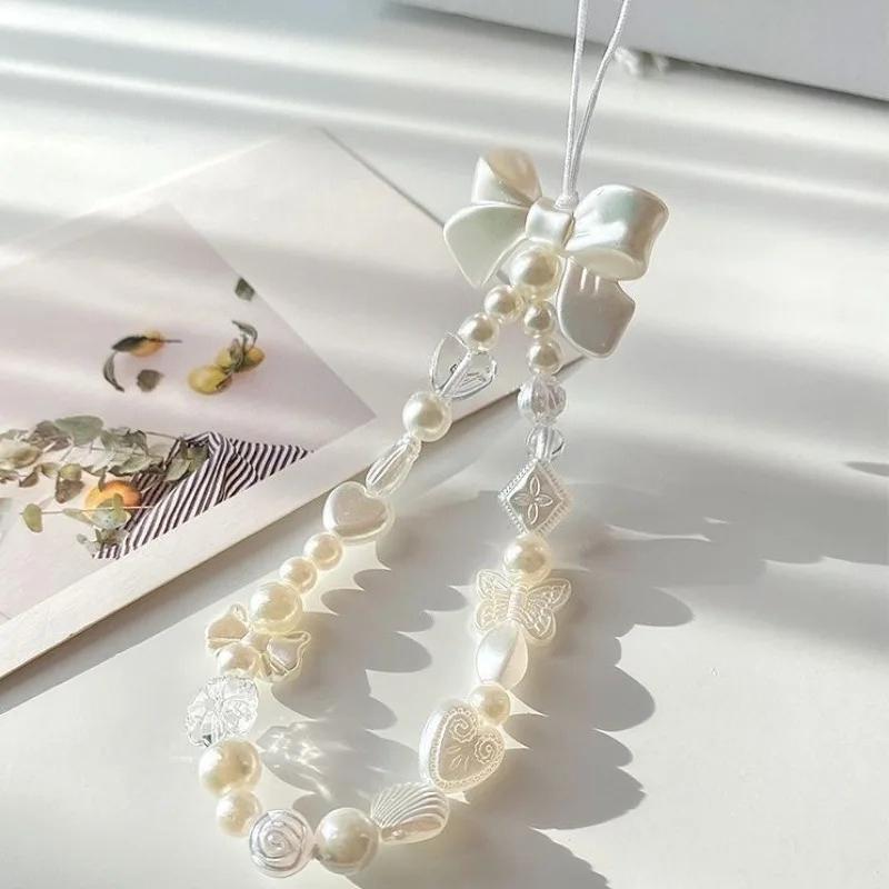 1Pc Pearl Love Heart Bow Beads Cellphone Decor Chain Charm Lanyard Universal Accessories Jewelry Pendant Strap Women Girls