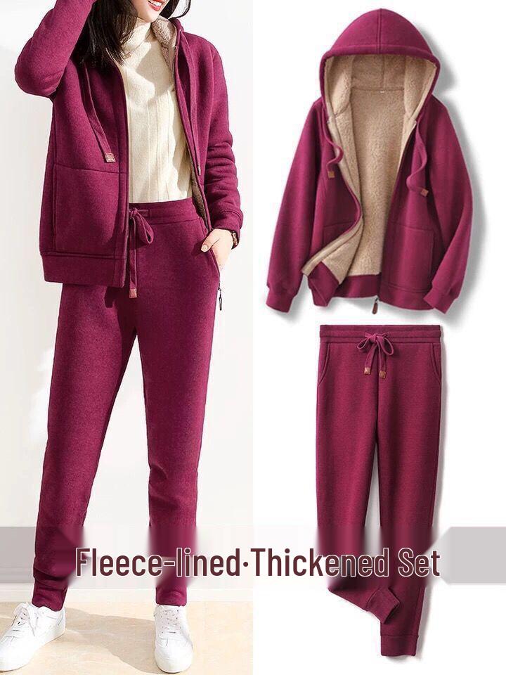 Plus Size Women's Fleece Lined Hooded Jacket & Sportswear Set - Autumn/Winter Korean Style