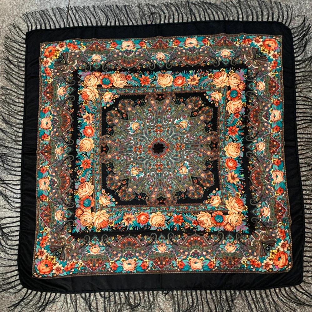 130*130cm Russian National Square Scarf Women Luxury Floral Print Fringed Ukrainian Shawl Babushka Handkerchief Head Wraps