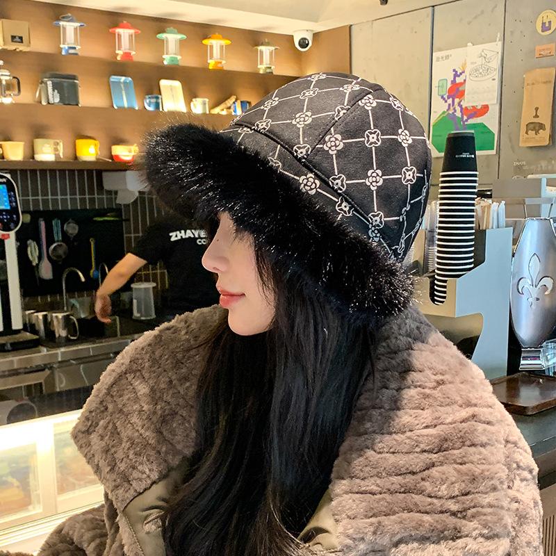 Women Fur Trimmed Bucket Hat Girls 90s Winter Warm Thicken Plush Fisherman Cap Basin Hats Fuzzy Faux Fur Hat