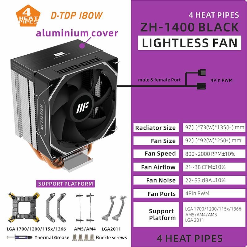 METALFISH CPU Cooler PC White Radiator 4PIN PWM Silent ARGB Fan For Intel 1700 1200 1150 1155 1156 1366 2011 AM5 AM4 AM3 x99 x79