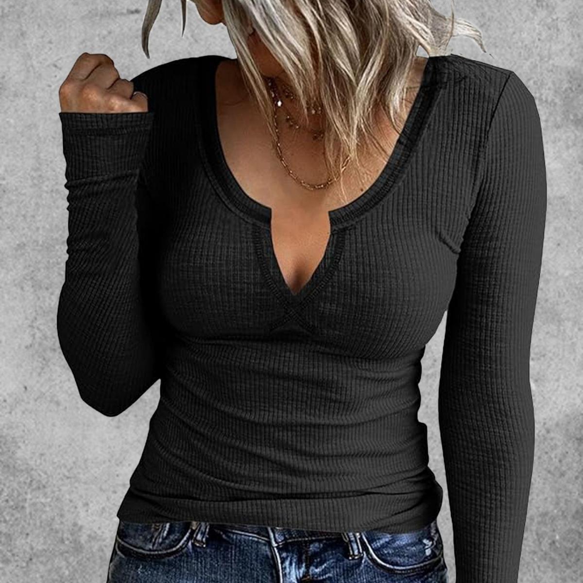 

Sexy Base Shirt, Autumn and Winter, Long Sleeved, Top, Knitted Inner Layer, V-neck, Slim Fit, Basic Style, Solid Color T-shirt S чорний