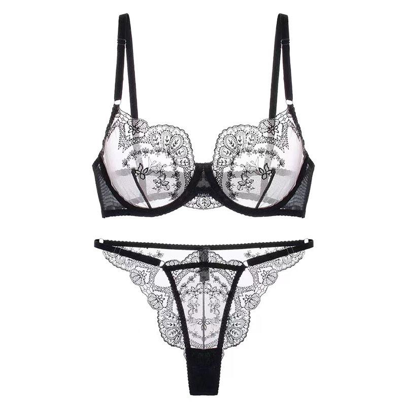 Sexy lingerie set for women: floral-embroidered, ultra-thin lace, sheer thong and seductive bra