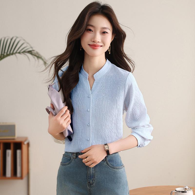 Cotton Jacquard V-neck Women's Shirt Spring New Casual Simple Texture Thin Women's Shirt