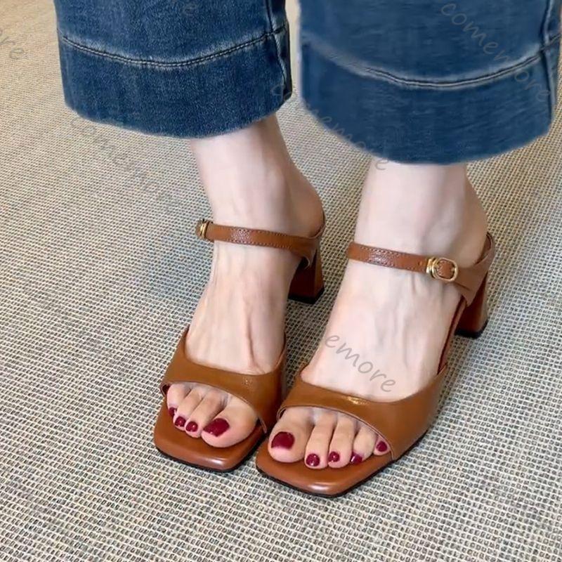 Fashion Comemore Women Summer Square Head Slippers Fashion Open Toe Chunky Heel Sandals Ladies Elegant Banquet Party Dress High Heels