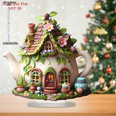 2D Flat, Enchanting Teapot Hut Acrylic Desktop Decoratio, with Base, Suitable for Wall Decoration, Porch, Room, Villa, Accents Home, Hallway, or Workp