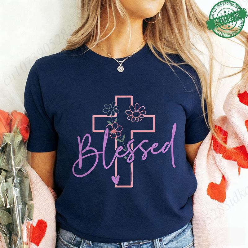 

Blessed Floral Cross T-Shirt for Women, Flower Graphic Tee, Summer Short Sleeve O Neck Y2k Tops, Female Aesthetic Faith Clothing M