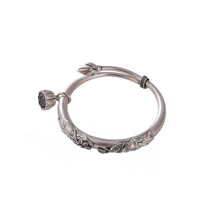 Retro Style Personality Carp Lotus Flower Lotus Leaf Lotus Canopy Pure Silver Retro Ethnic Style Adjustable Bracelet An Opening