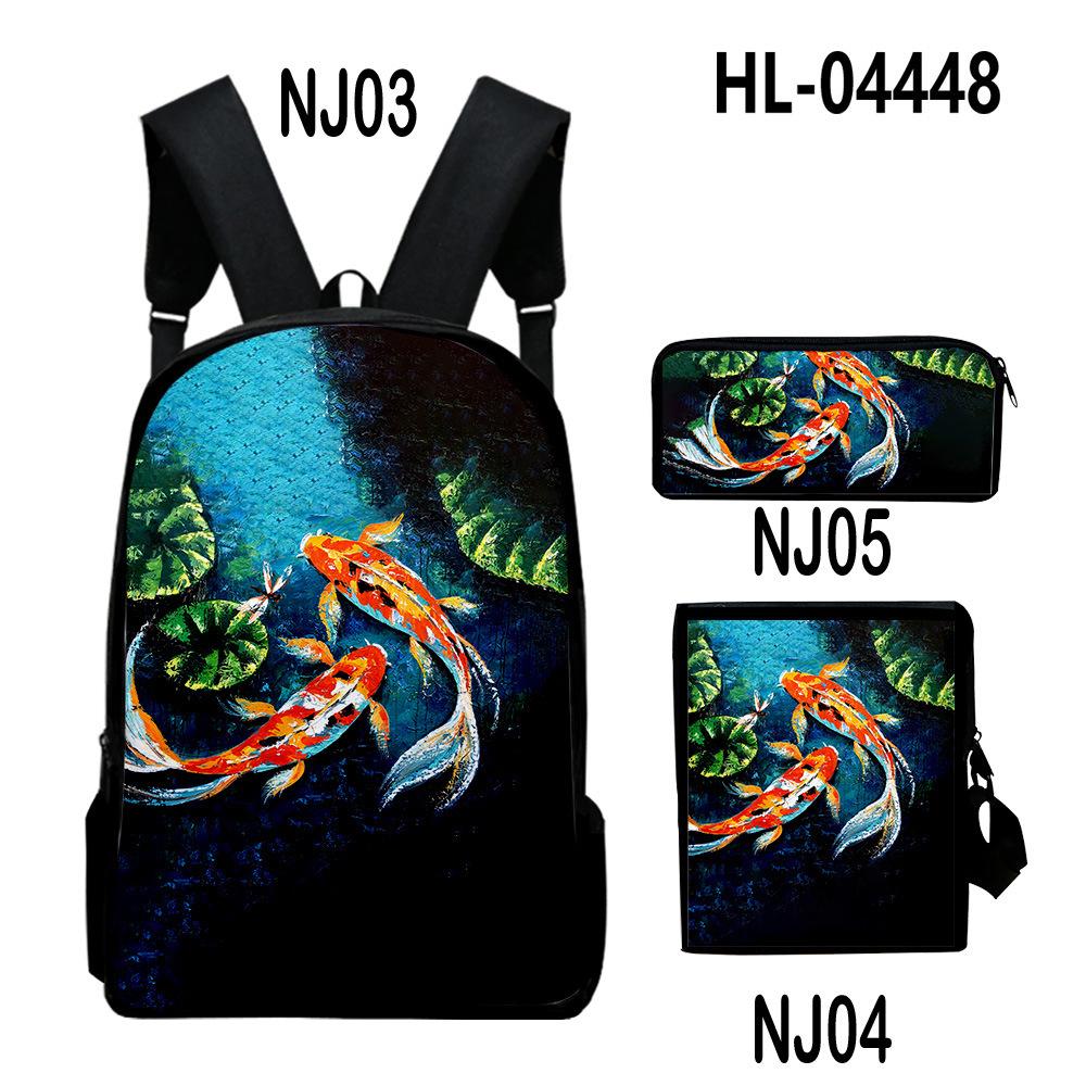 Classic Novelty Cool Koi Carp 3D Print 3pcs/Set Pupil School Bags Laptop Daypack Backpack Inclined Shoulder Bag Pencil Case