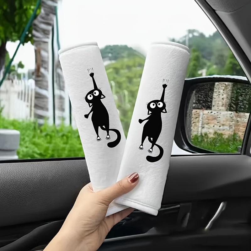 2 Pieces of Black Cat Pattern Printed Plush Seat Belt Shoulder Protection, Soft and Comfortable, Suitable for All Cars
