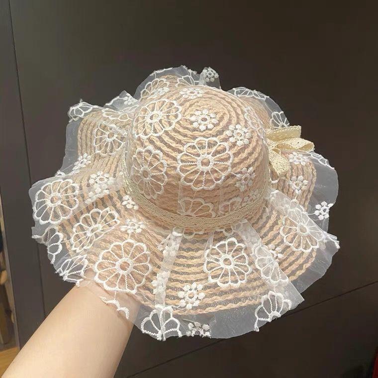 

Kids Summer Straw Hat For Girl Baby Lace Brim Protection Beach Cap Children Floppy Bucket Cap kids