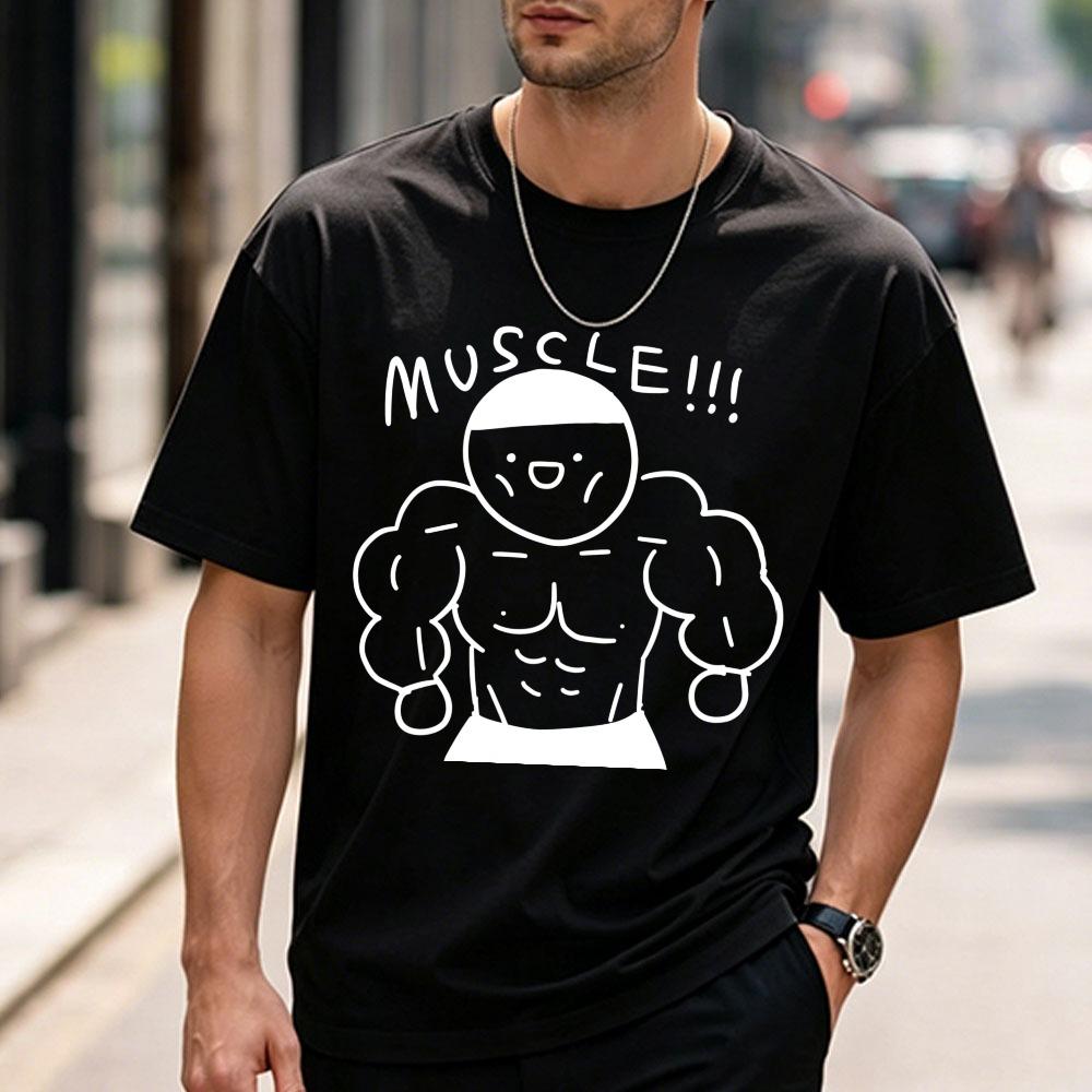 Cotton T Shirt Cartoon Buff Muscular Unisex Six Pack Abs Doodle Print MUSCLE Letter Slogan Graphic Gym Bodybuilding Workout Tees