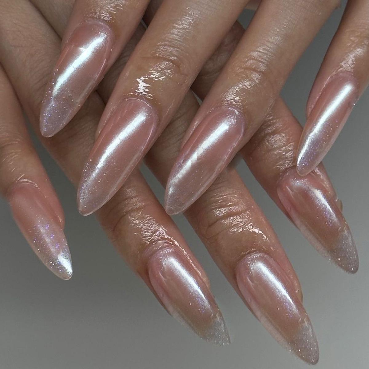 Nude Laser Almond Fake Nails - Wearable Nail Art Tips Glue Kit