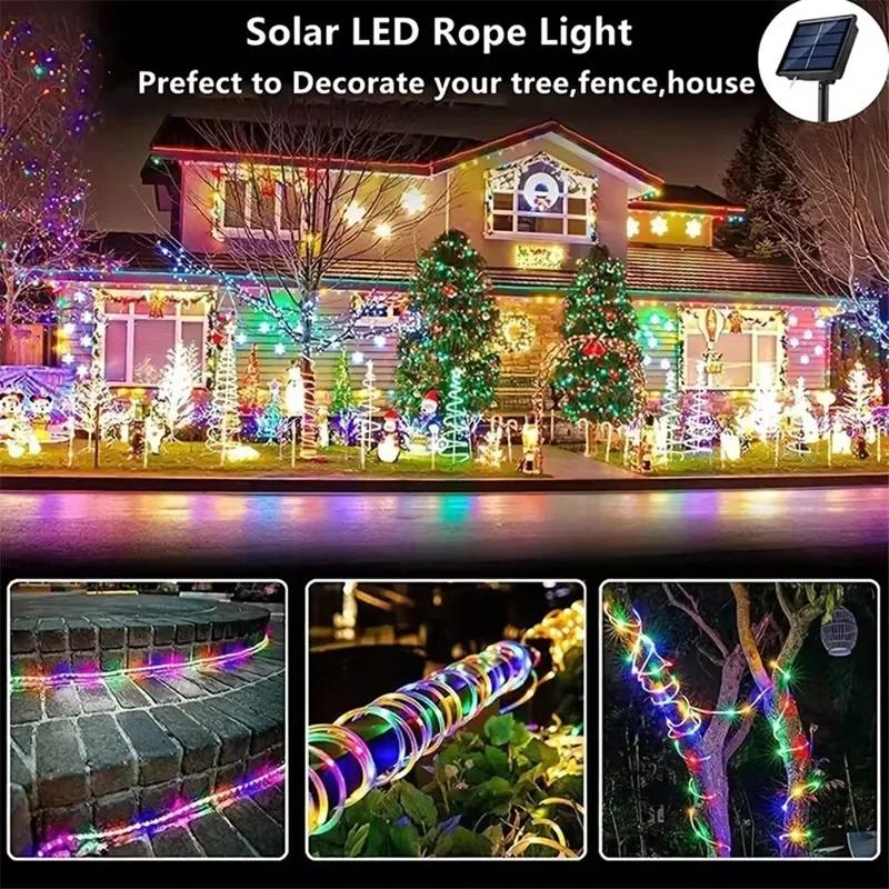 7M/12M Solar Tube Rope Lights Outdoor Waterproof LED String Fairy Strip 8 Modes for Garden Wedding Christmas Tree Fence Decoration