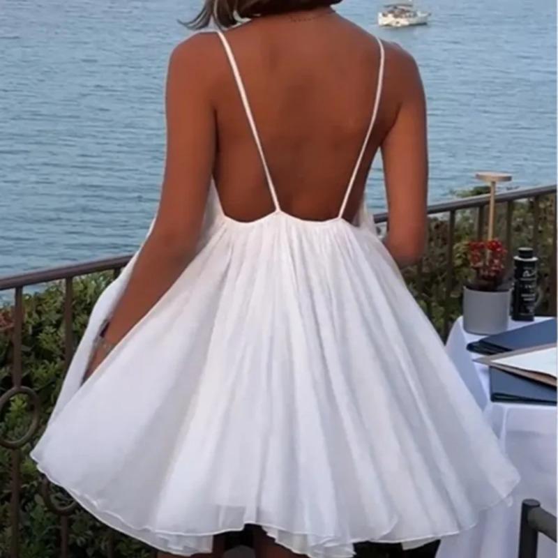 Women Solid Color Backless Sling Dress V Neck Loose Fashion Mini Short Dresses Holiday Elegant Women Dress
