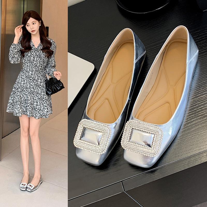 Sheepskin single shoes for women's spring and summer new rhinestone square buckle temperament flat Mary Jane small leather shoes for women