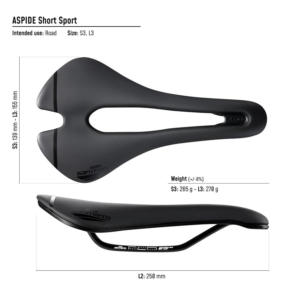 Selle San Marco Aspide Short Sport Narrow Bicycle Size Narrow S3 W 139 X L 250 Mm Saddle, – (911CN401)