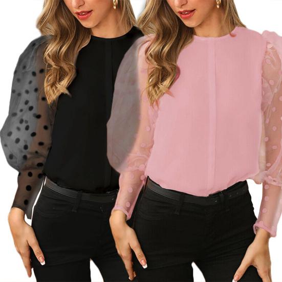 Kvinner Casual Ensfarge Rundhals Dot Mesh Lang Puffermet skjorte Bluse Topp