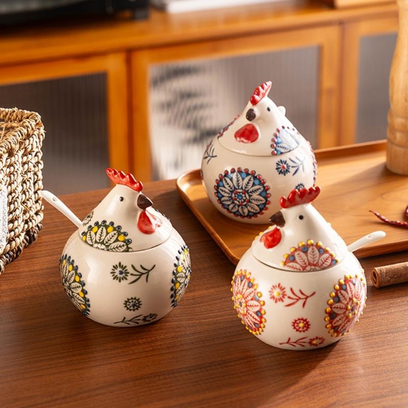 Ceramic Seasoning Container Chick Designs Sealable Lid Included Measuring Utensils For Cooking Essential
