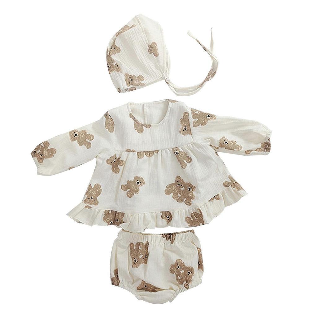 Infant Outfit Clothing Set 3-Pieces Suit 0-2Years Old Girls Dress Cap Shorts for Baby Girl Boy Organic Cotton Bear Print For 18 to 24M