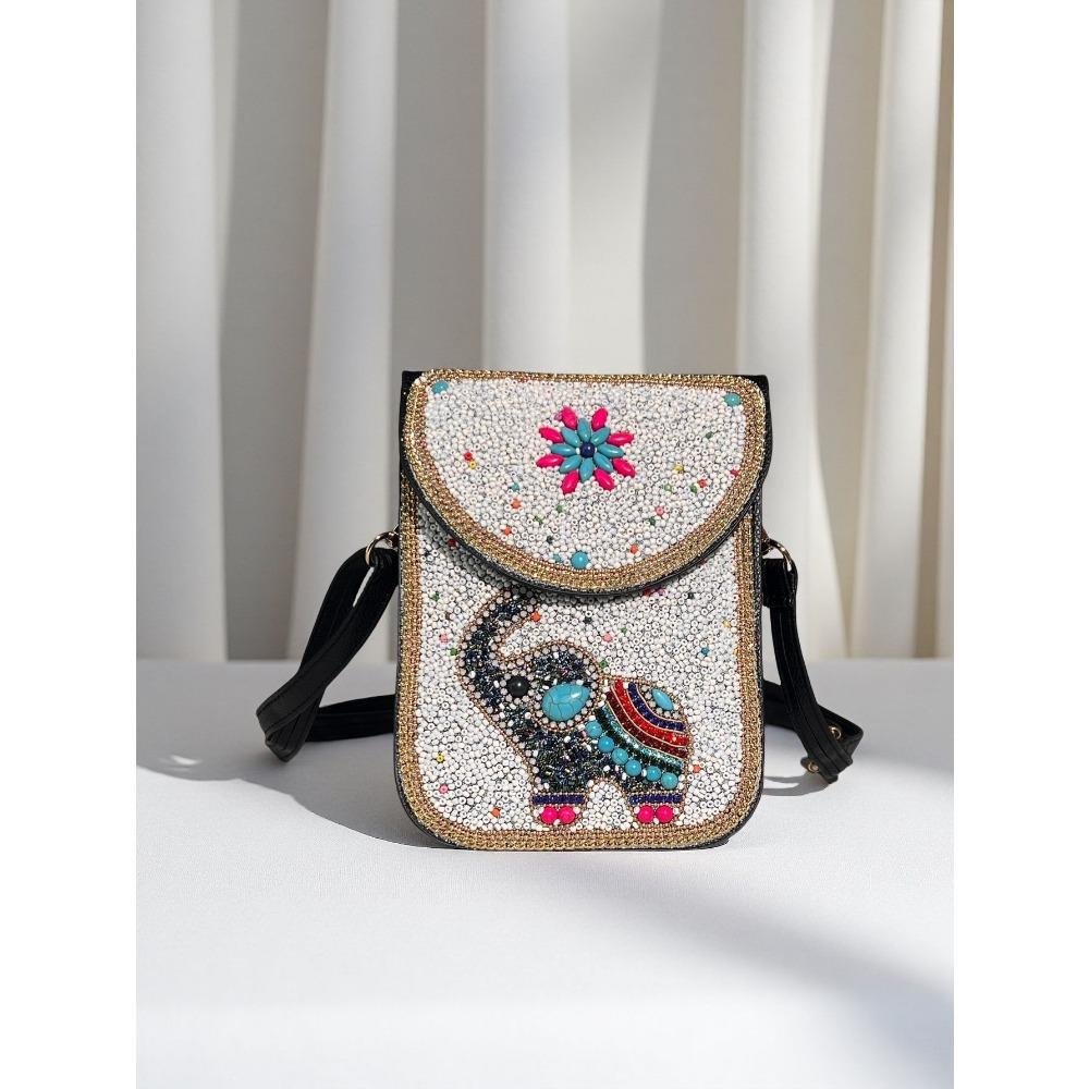 

Этническая сумка через плечо с красным лотосом и бисером - Винтажная, многосекционная, премиальной текстуры, изысканный женский кошелек для мобильного телефона