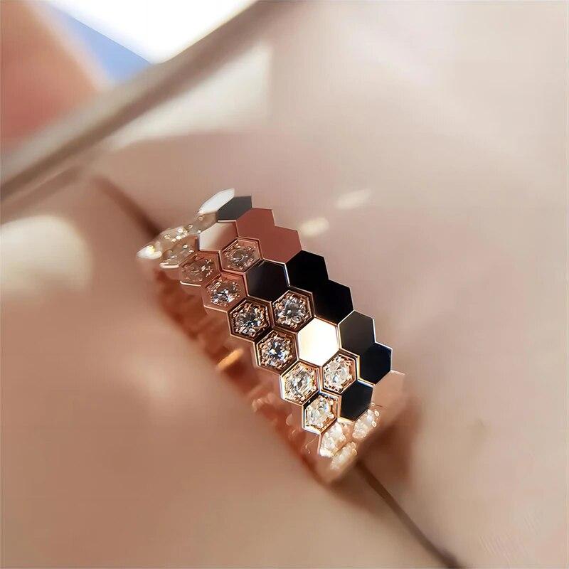 New Fashion 3 PCs Honeycomb Rings Set For Women Round Zircon Rose Gold Color Finger Ring Wedding Engagement Zircon