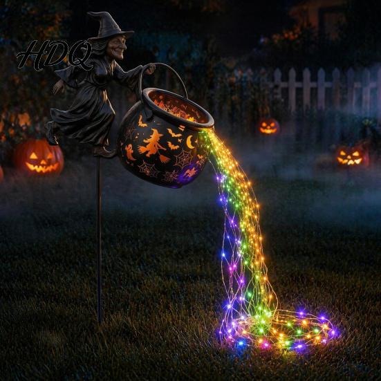 Outdoor Halloween Decorations Witch Cauldron Garden Light Metal Yard Stake with LED String Decorative Sculpture for Lights Waterproof Pot