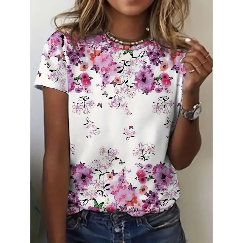 Women's Printed Casual T-shirt - Short Sleeved Round Neck Spring/summer Top with Blue and White Floral Design