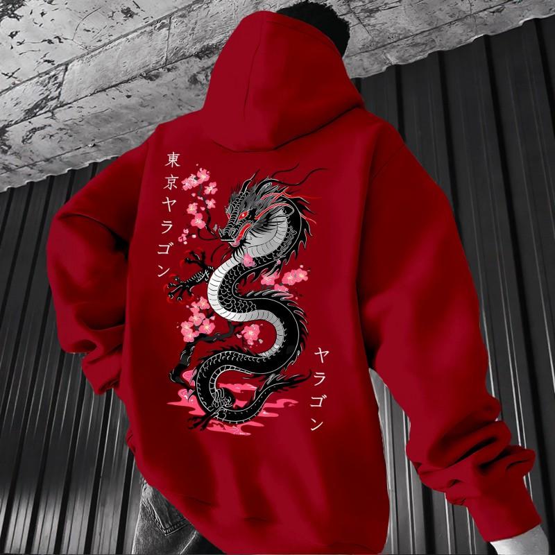 Black Dragon Cherry Blossom Print Hoodie Loose Drop Shoulder Unisex Pullover Sweatshirt Couples Winter Casual Wear