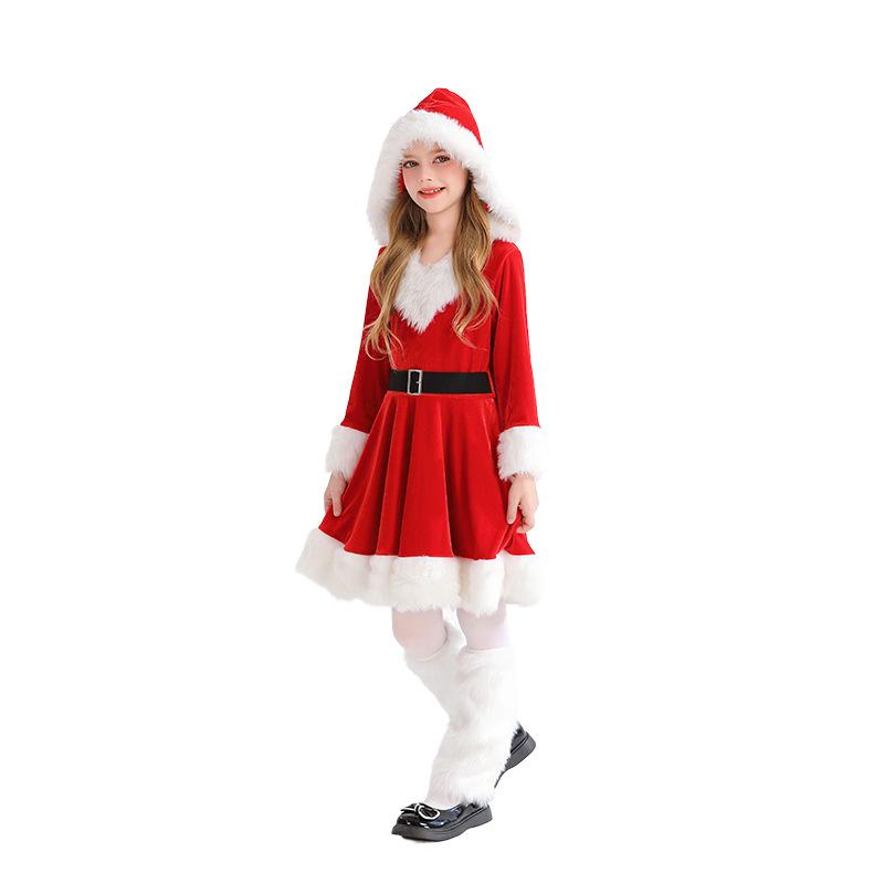 2026 Christmas Children's Costume Girls Long Sleeve Red Dress Party Dress Up Santa Claus