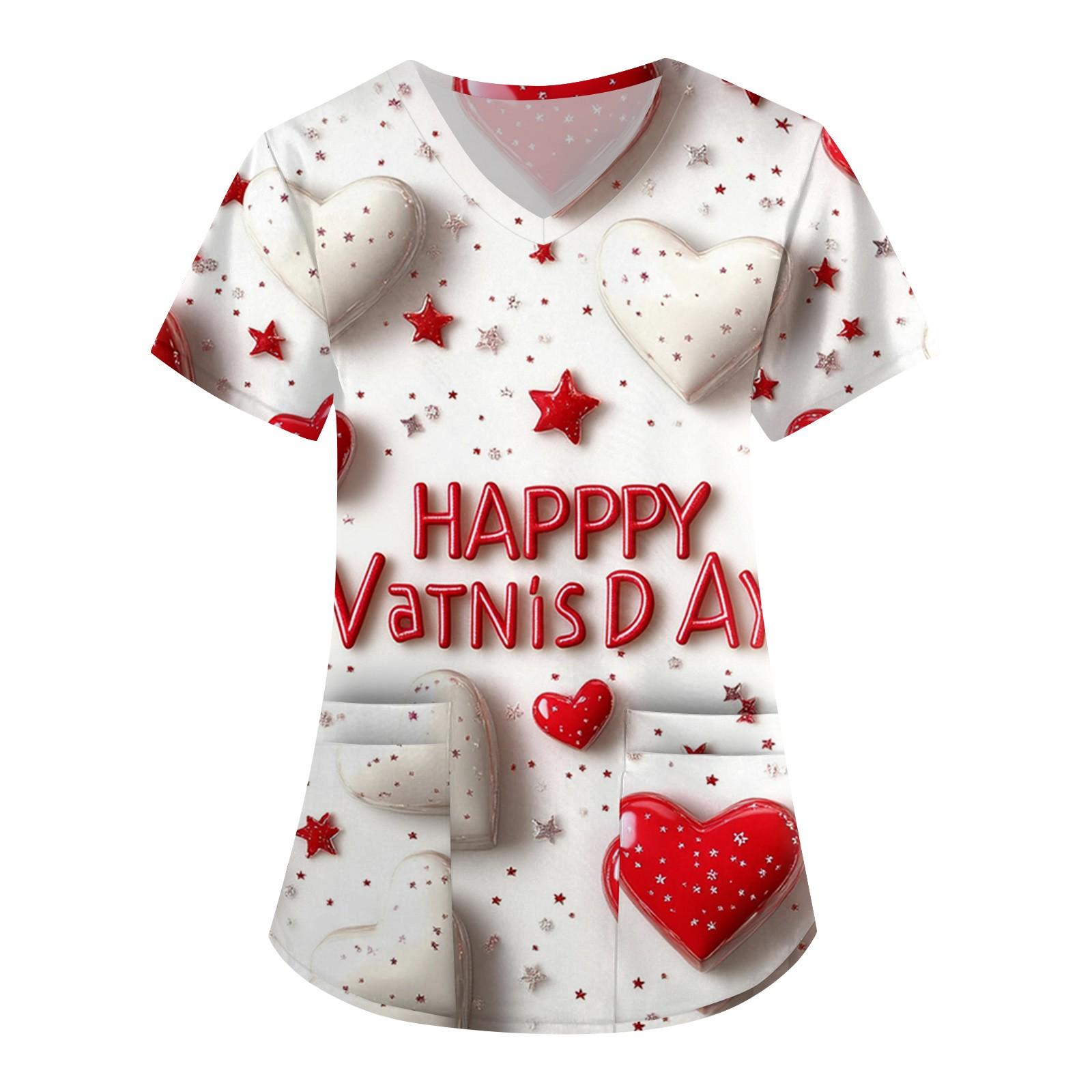 

Женская модная рабочая одежда с V-образным вырезом, короткими рукавами и карманами, с принтом ко Дню святого Валентина XXXXL красный