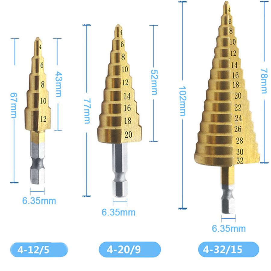 3Pcs HSS Sheet Metal Tools Drill 4-12/20/32mm Hex Titanium Step Cone Car Repair
