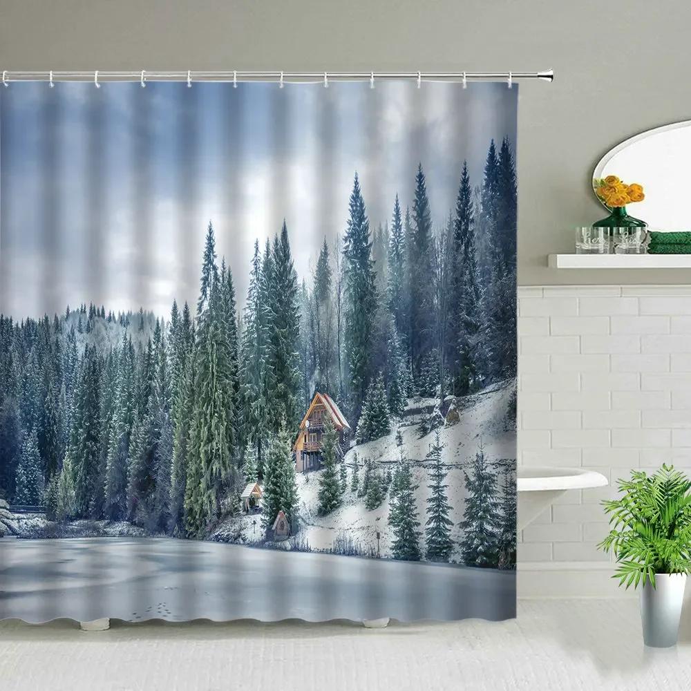 Winter Snow Scene Shower Curtains Trees Natural Scenery 3D Print Waterproof Bathroom Decor Home Bathtub Polyester Curtain Set
