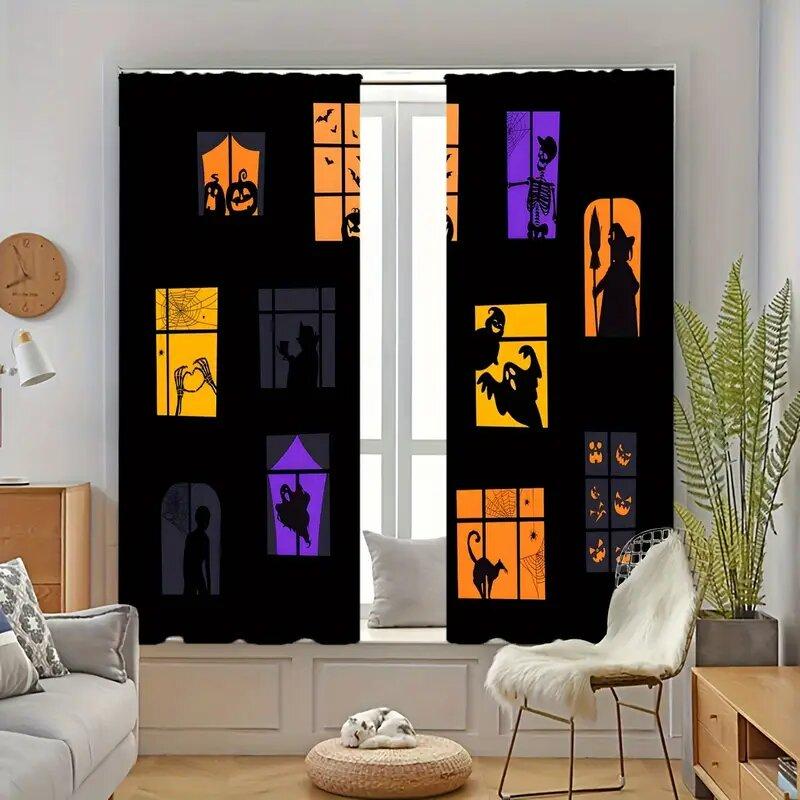 Set Of 2 Halloween Themed Pattern Printed Curtains Window Decorations Home Room Curtain Made Polyester