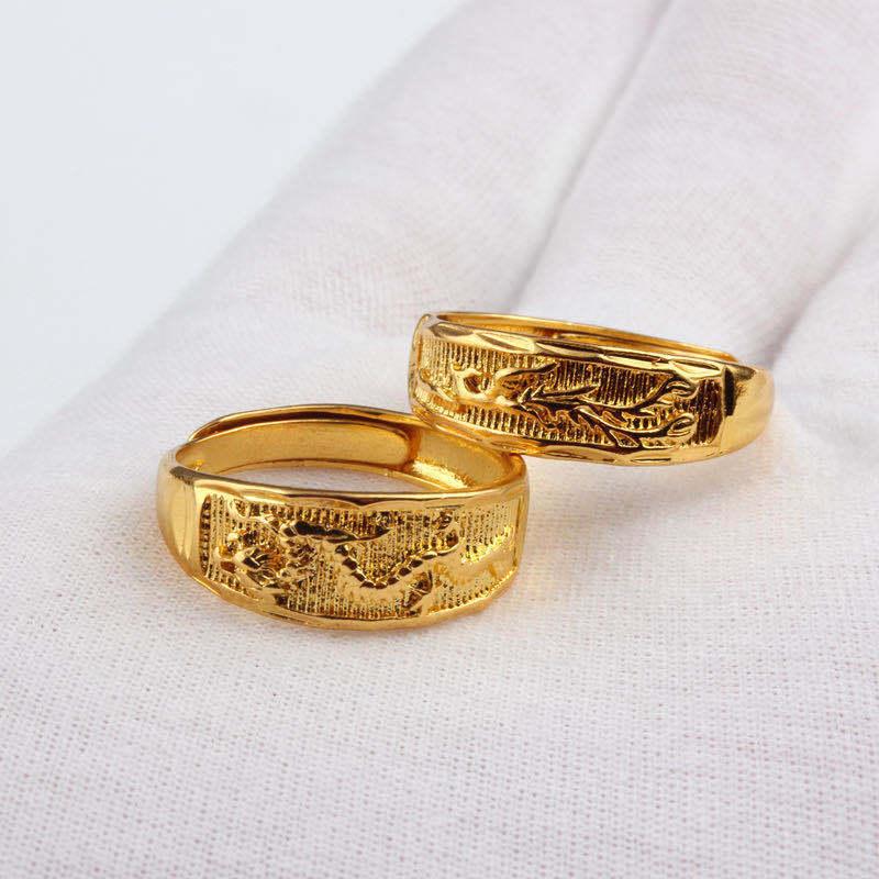 Adjustable Open Couple Rings Gold Carved Dragon Phoenix Pattern Fashion Jewelry for Wedding Gift