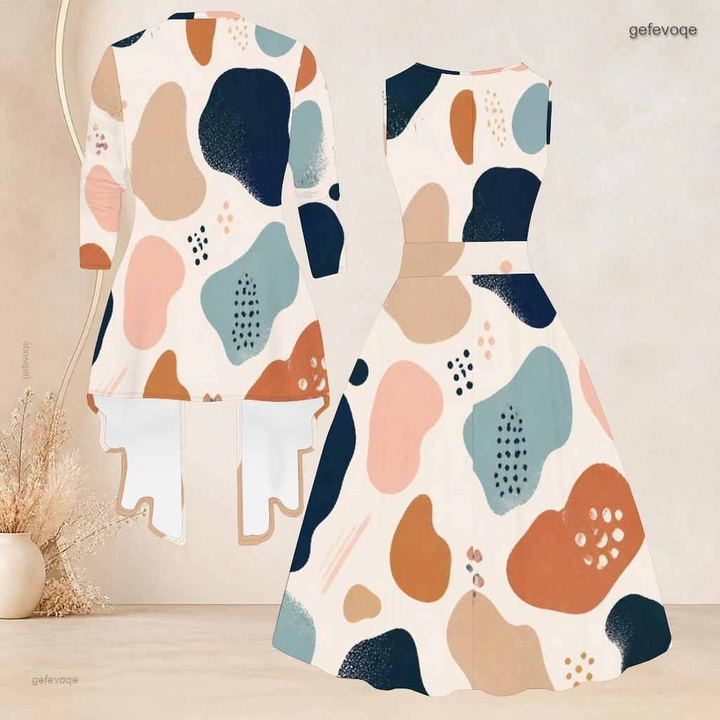 Women Plus Size Two Piece Set Printed 3 4 Sleeve Open Cardigan Sleeveless Round Neck Tie Waist Flared Dress