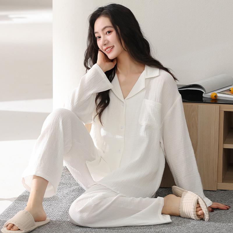 Baby cotton double-layer gauze pure cotton pajamas women's spring and autumn long-sleeved 1011 new thin models can be worn outside white loungewear