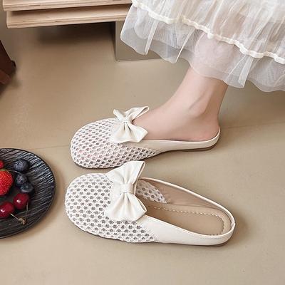Fashion Baotou Slippers Women's Round Head Mesh Breathable Bow Outer Wear Soft Bottom Light Anti-slip Beach Semi-drag