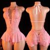 Pink Sexy Lace Bodysuits Crotchless Deep V Open Teddy Babydoll Sheer Sleepwear Elegant & Seductive Erotic Lingerie For Women