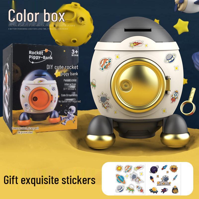 Rocket Piggy Bank for Kids: Large Capacity Coin Bank with Key and Stickers