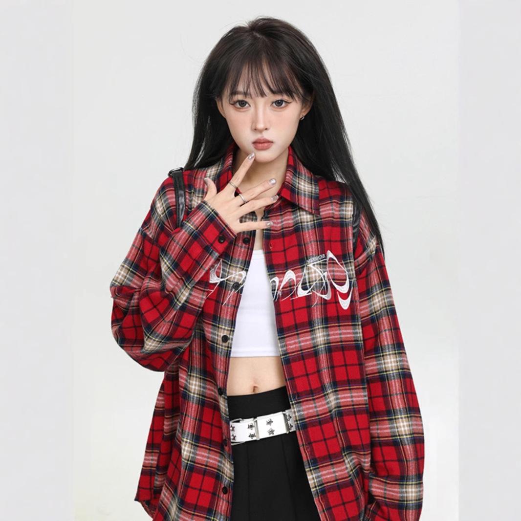 

Women s Retro Red Plaid Long Sleeve Shirt - Petite Spring Summer Jacket L червоний