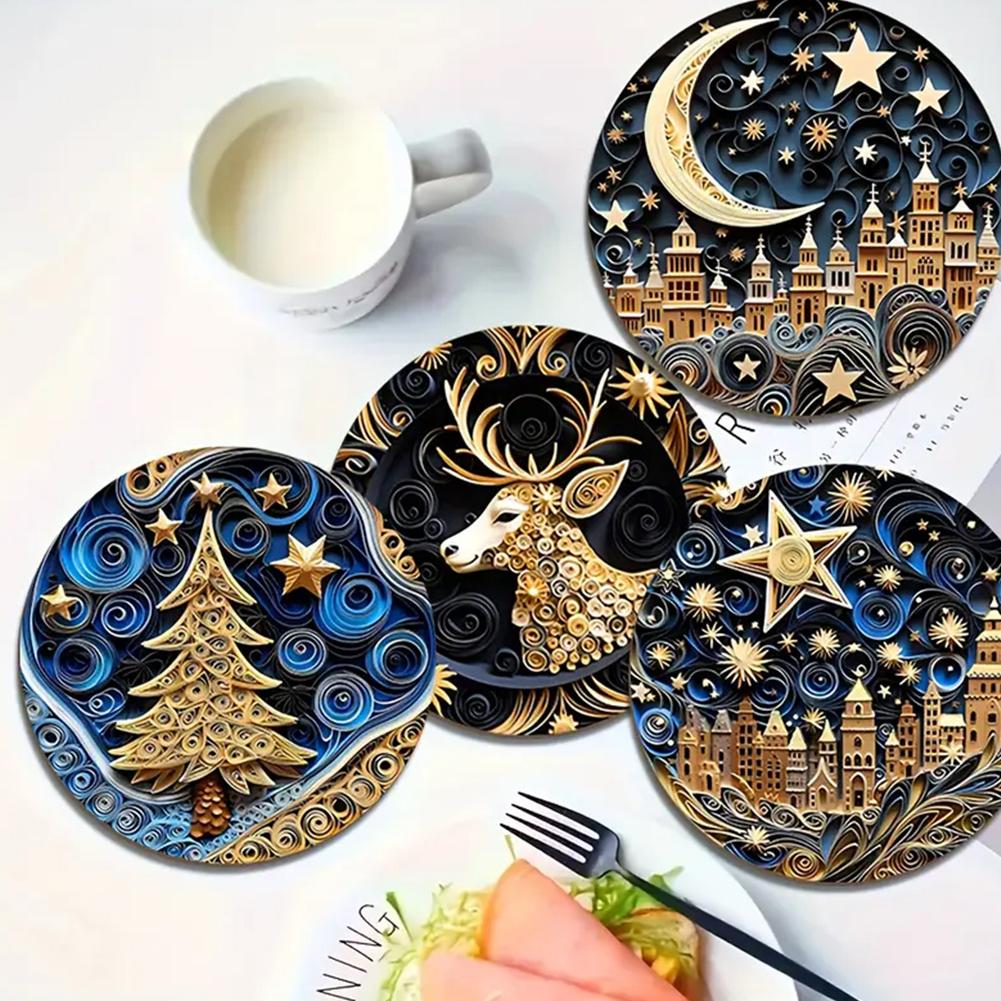 6Pcs Wooden Cup Coasters Set Aesthetic Non Slip Round Coasters Exquisite Coffee Mug Coasters Decorative Cup Mats for Home Office