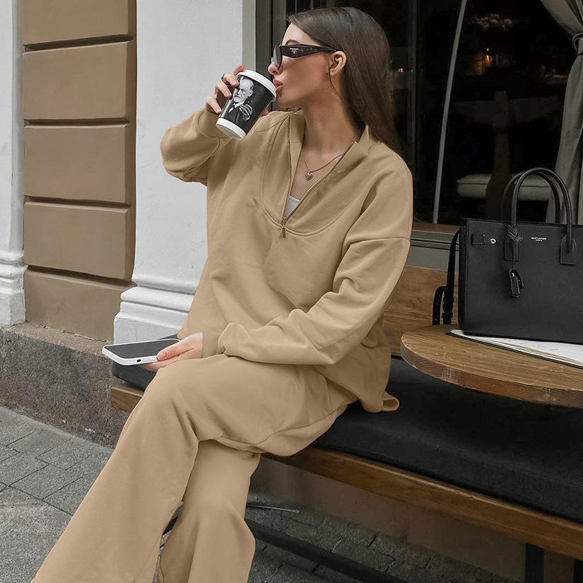 Khaki small stand-up collar loose street sweater set 1116 European and American autumn and winter fashion new women's clothing two-piece set