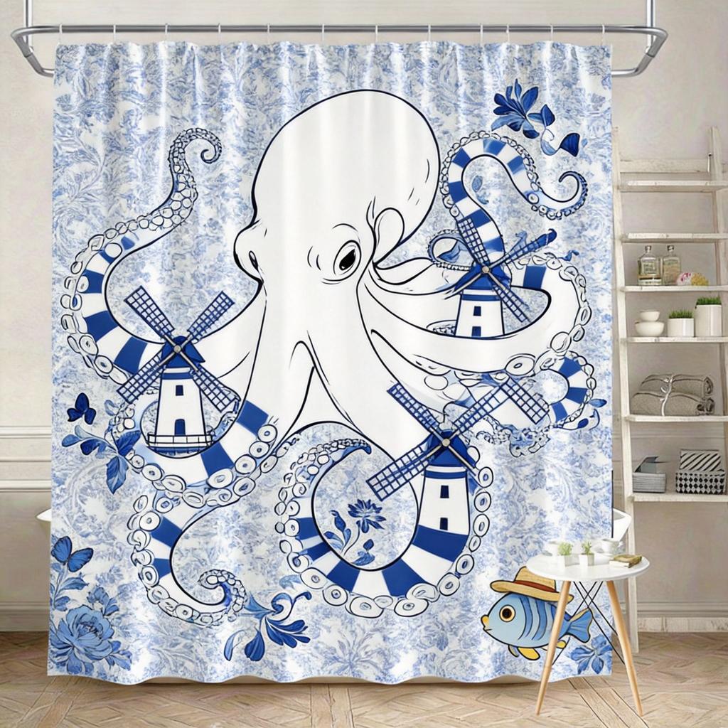 Octopus Shower Curtain Blue and White Porcelain Design, Artistic Ocean Creature Bath Curtain for Modern Bathroom Decor