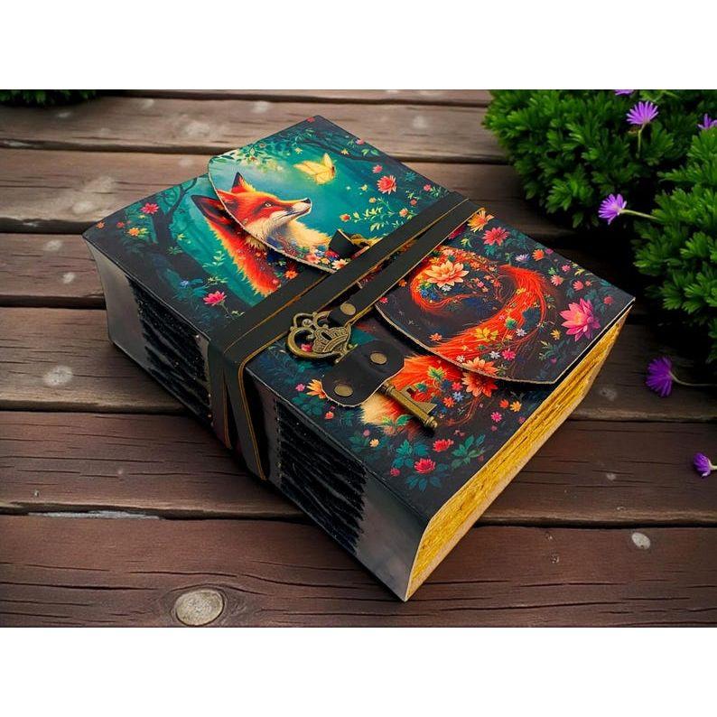 Fox Leather Journal Vintage Handmade Notebook With Key Grimoire Spell Book of Shadows Celestial Diary Christmas Gifts For Him Her