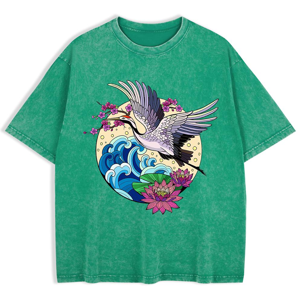Gru Godono di Fiori Fioriti Magliette Lavate Uomo Cotone Oversize Maglietta Casual Girocollo Manica Corta Top Abbigliamento
