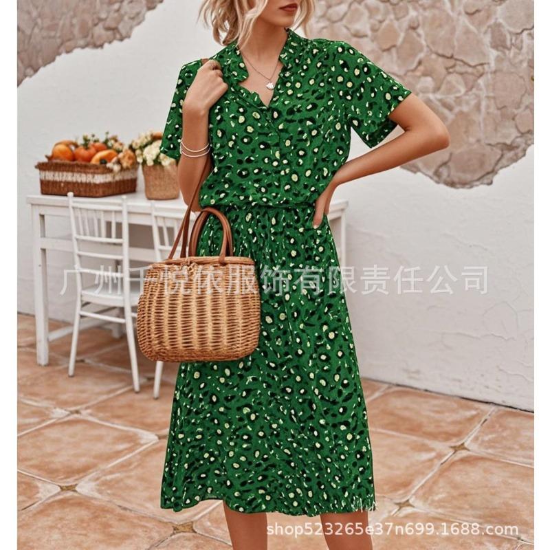 fashion women's clothing, Amazon's summer polka dot short-sleeved medium and long dress